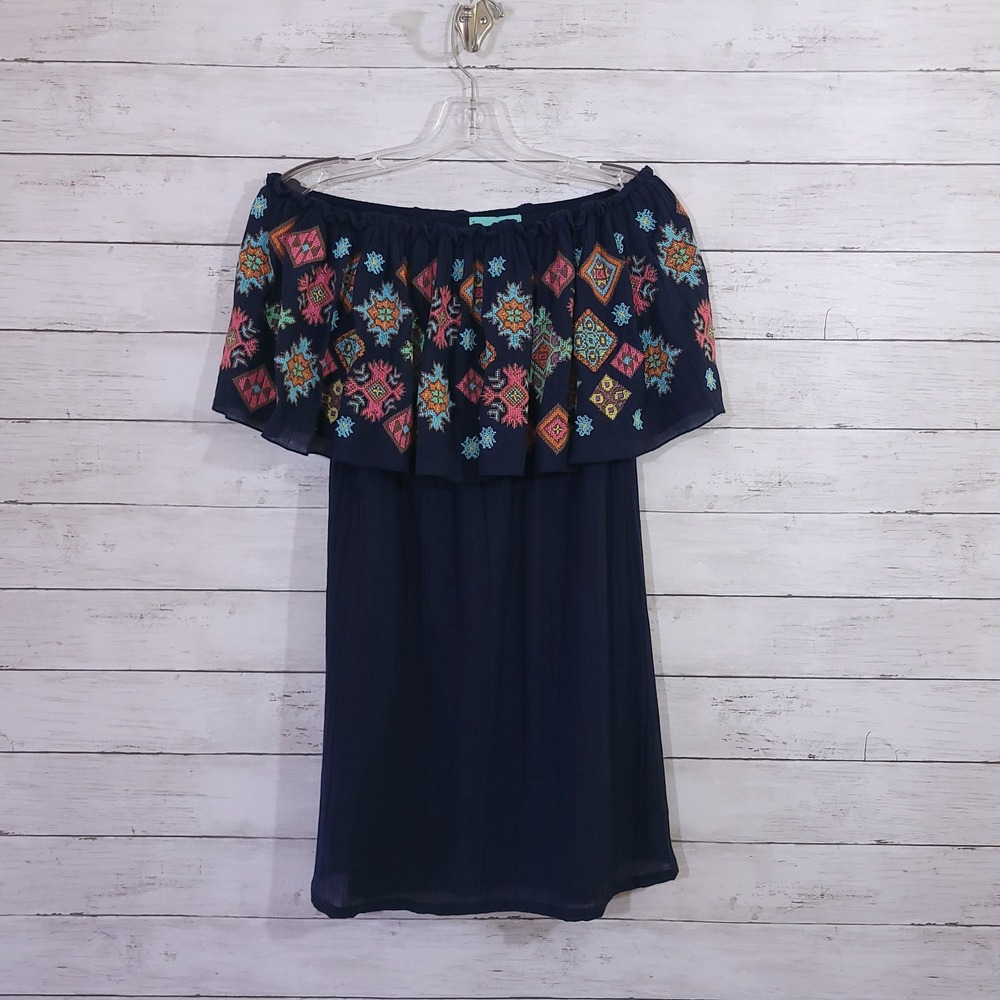 Judith March Navy Blue Embroidered Off the Shoulder Boho Tunic Top Small